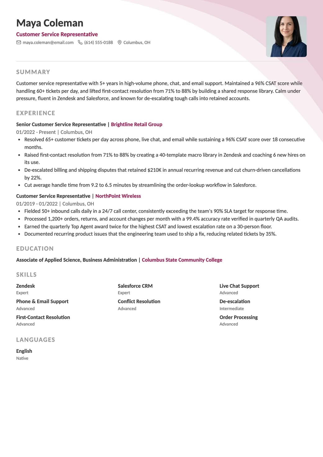 Customer Service Resume Example: one page, with a photo