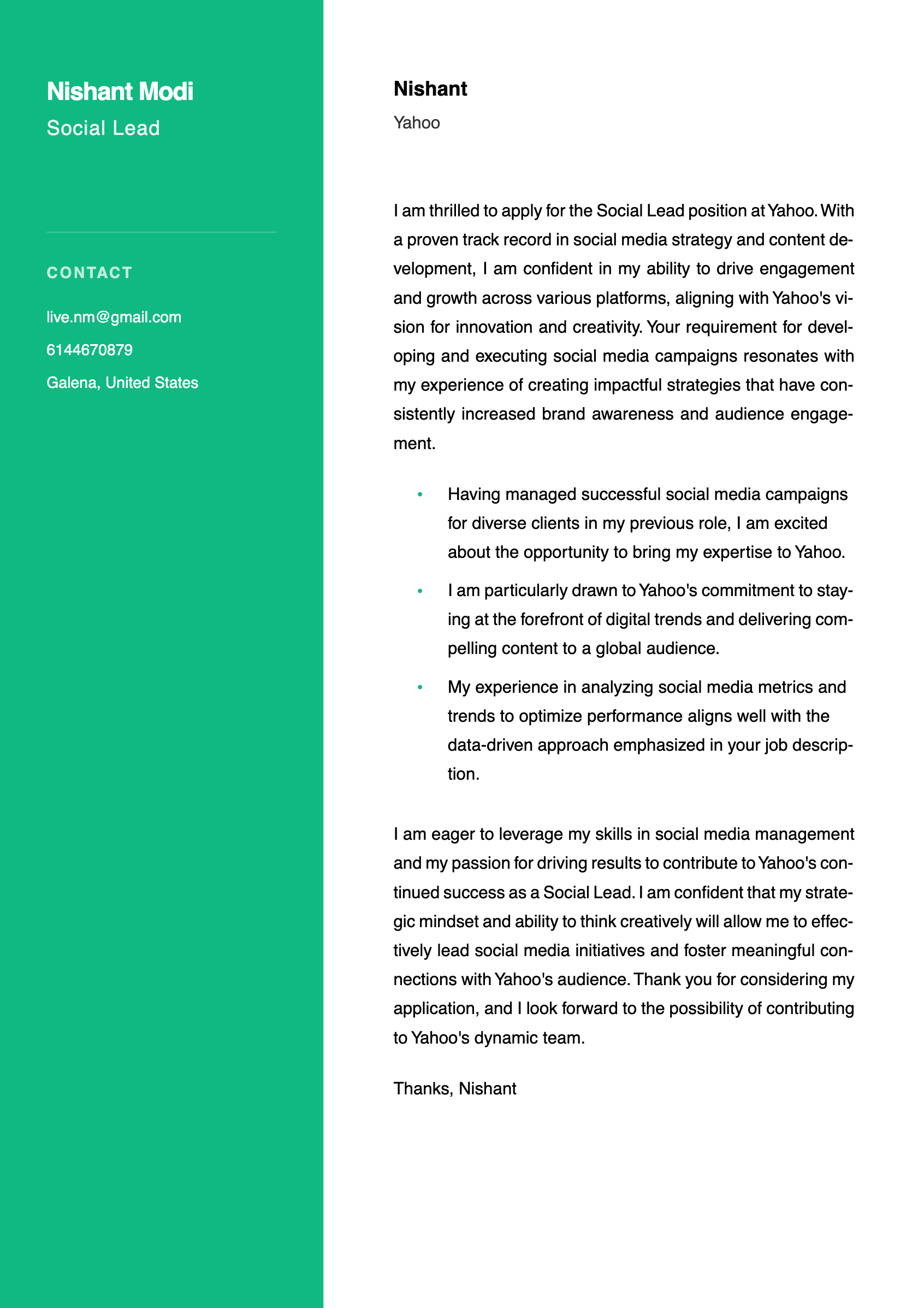 Cover Letter template 1
