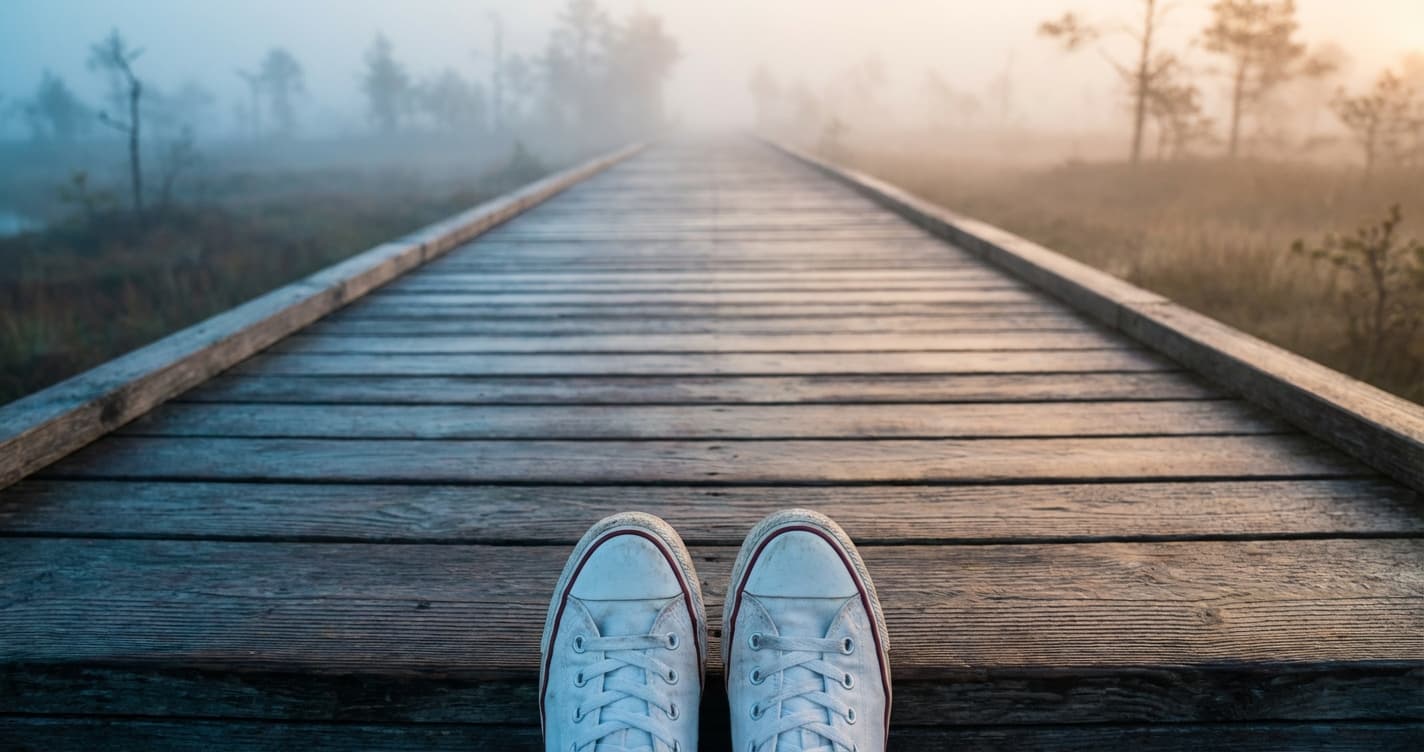 A pair of white sneakers at the start of a dewy wooden boardwalk that stretches into soft morning fog under early sunrise light.