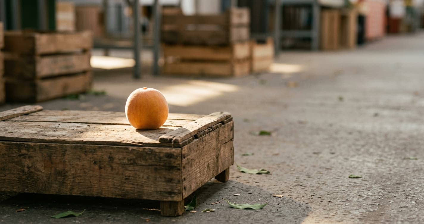 A single ripe peach sitting on an otherwise empty wooden market crate in warm late-afternoon light, with a few stray leaves scattered nearby.