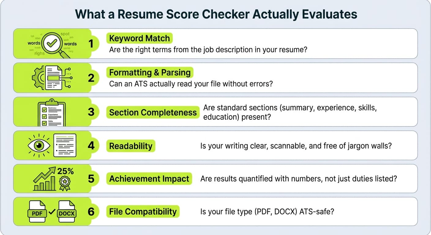 Infographic showing six key criteria resume score checkers evaluate: keyword match, formatting and parsing, section completeness, readability, achievement impact, and file compatibility