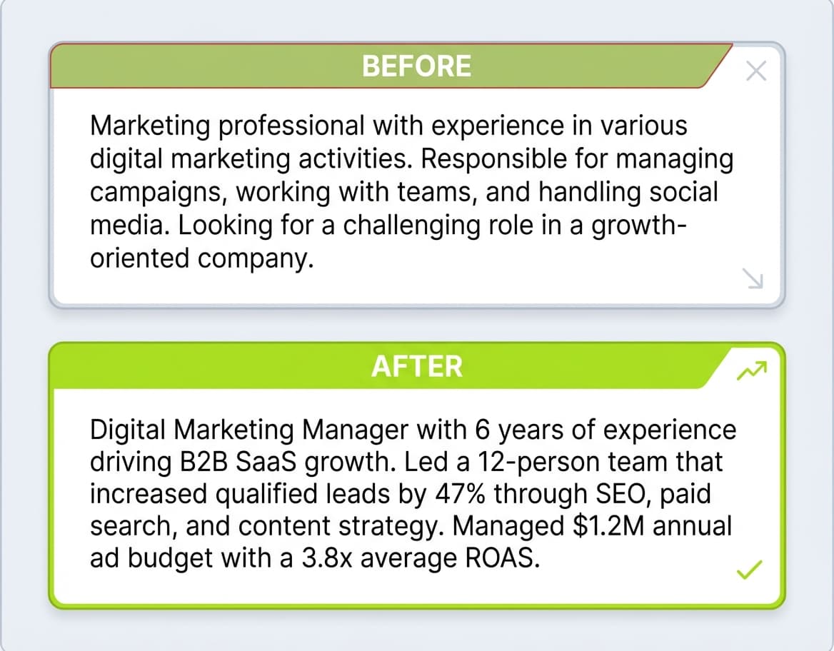 Before and after comparison of a resume summary — the before version uses vague language like 'various digital marketing activities' while the after version includes specific metrics, team size, and budget figures