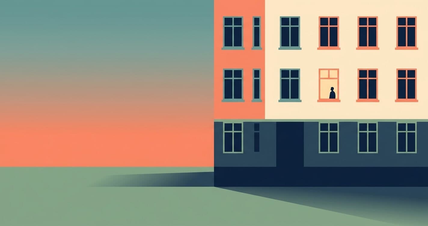 Flache Vektorillustration einer europäischen Altbaufassade in der Abenddämmerung, ein einzelnes warm beleuchtetes Fenster mit kleiner Silhouette zwischen vielen dunklen Fenstern, unter einem korallrot-petrolfarbenen Himmel.