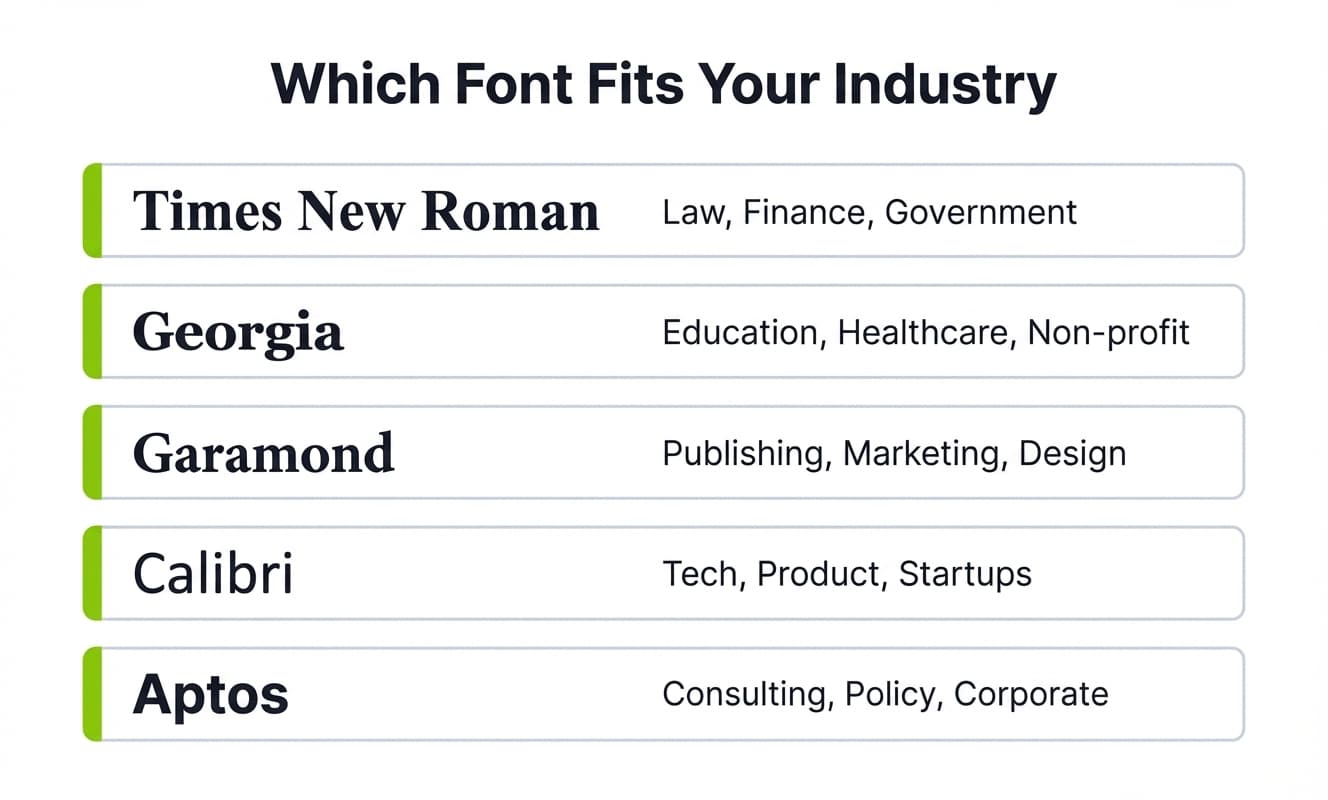 Infographic matching five professional cover letter fonts to their best-fit industries including Times New Roman for law and finance and Calibri for tech and startups