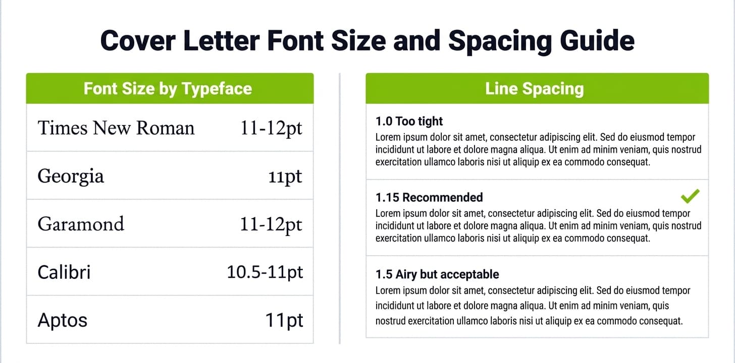 Reference guide showing recommended font sizes for five cover letter typefaces alongside a visual comparison of line spacing options from 1.0 to 1.5
