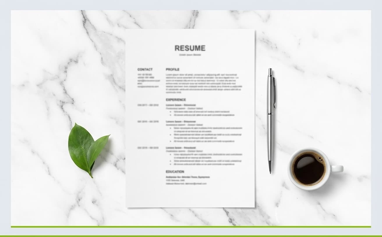 A blurred resume on white paper arranged in a flat-lay with a pen, espresso cup, and green leaf on a marble surface.