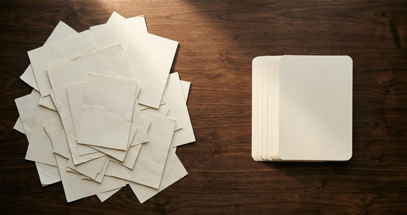 Top-down view of a dark walnut desk where scattered cream paper on one side meets a perfectly aligned stack of the same paper on the other.