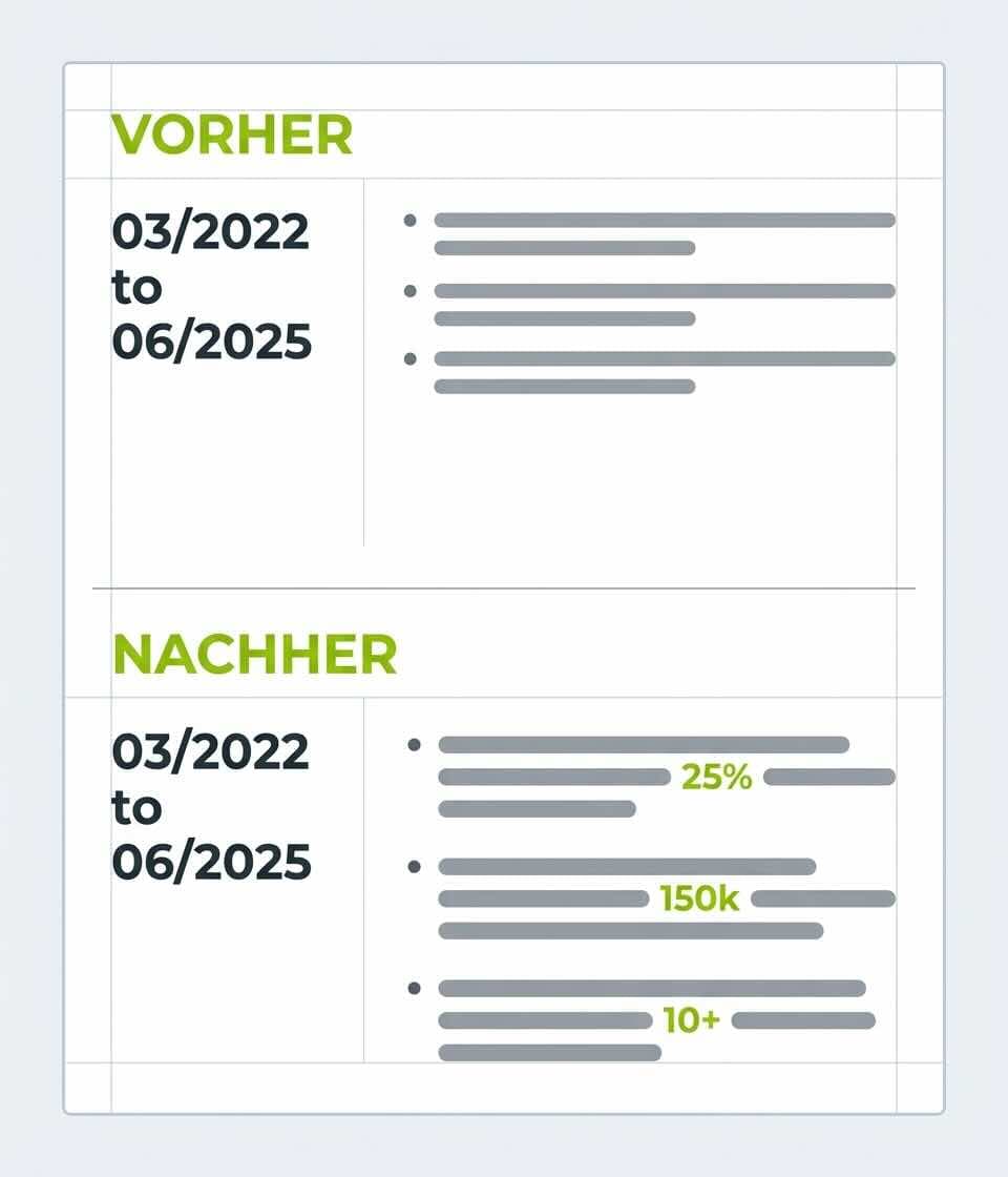 Vertical before-and-after comparison showing a sparse work experience entry on top labelled VORHER and a richer, results-focused version below labelled NACHHER.