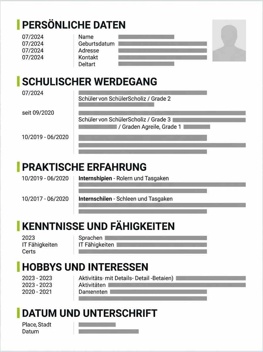 Mockup of a German student CV showing six clearly labelled sections with date ranges on the left and content bars on the right, separated by lime-green accent lines, with a placeholder photograph in the top right.