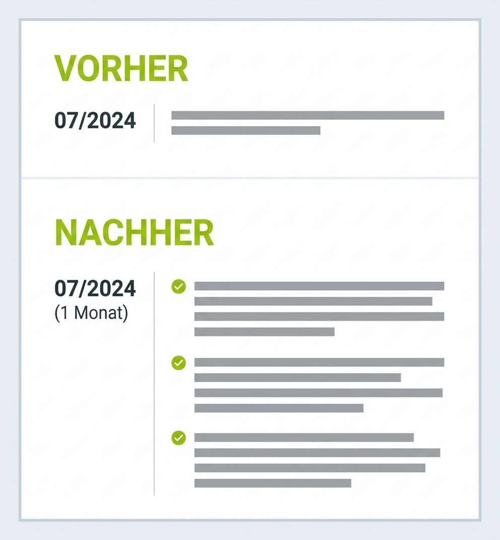 Vertical before-and-after comparison showing a sparse internship entry labelled VORHER on top and a richer, more specific version labelled NACHHER below.