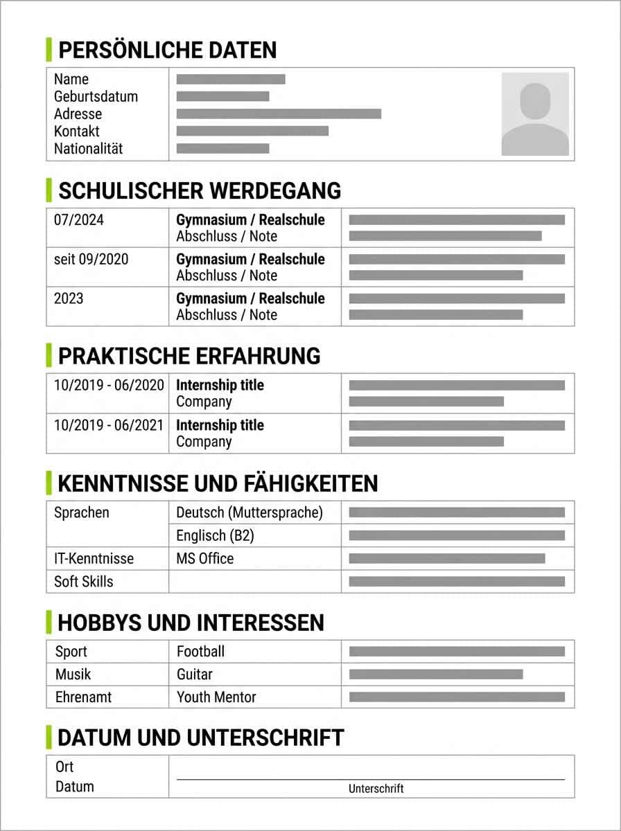 Mockup of a German student CV showing six clearly labelled sections in German with date ranges on the left and content bars on the right, separated by lime-green accent lines, with a placeholder photograph in the top right.