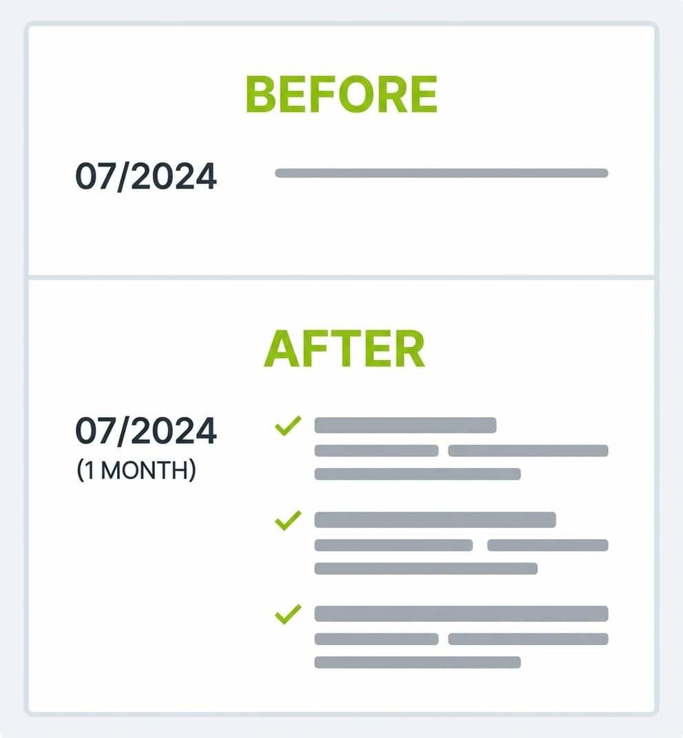Vertical before-and-after comparison showing a sparse internship entry labelled BEFORE on top and a richer, more specific version labelled AFTER below.