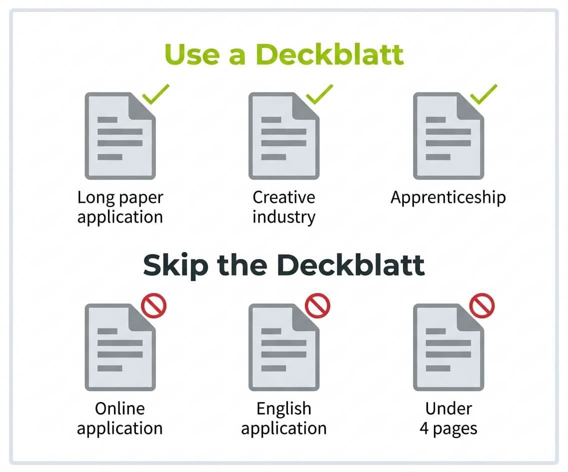 A decision-style comparison showing three small document icons marked with lime-green check marks under the label "Use a Deckblatt" and three marked with red prohibition marks under "Skip the Deckblatt".
