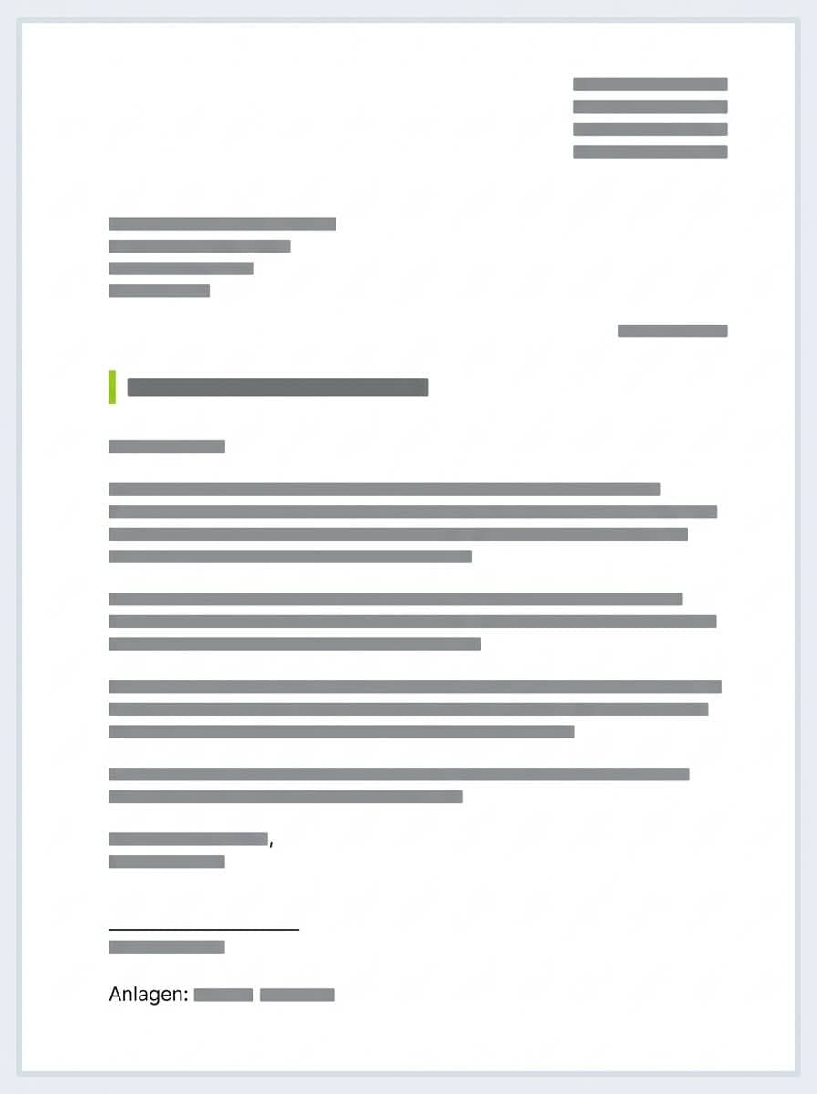 Mockup of a German cover letter on A4 showing DIN 5008 structure: sender contact block, recipient block, date, bold subject line, salutation, body paragraphs, closing, and signature placeholder.
