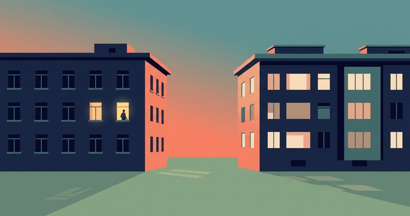 Two simplified European apartment buildings face each other across a quiet plaza at warm dusk; one small window is warmly lit with a single silhouetted figure inside while the other windows remain dark.