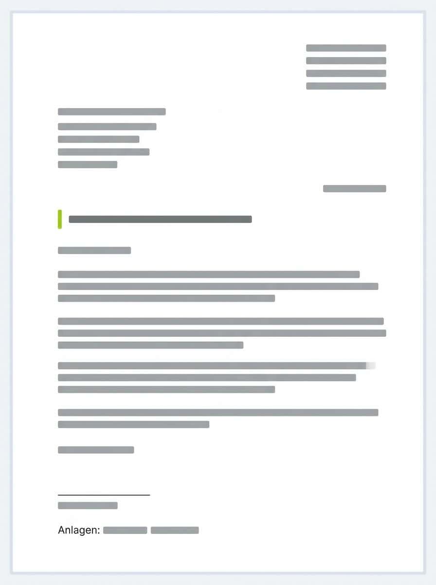 Mockup of a German cover letter on A4 showing DIN 5008 structure: sender contact block, recipient block, date, bold subject line, salutation, body paragraphs, closing, and signature placeholder.
