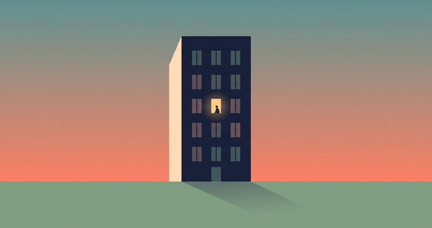 A single tall simplified European apartment building stands across a quiet plaza at warm dusk; among many dark windows, one is warmly lit with a small silhouetted figure inside.