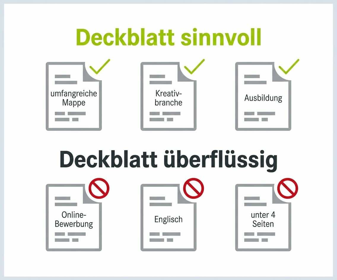 A decision-style comparison showing three small document icons marked with lime-green check marks under the label "Deckblatt sinnvoll" and three marked with red prohibition marks under "Deckblatt überflüssig".