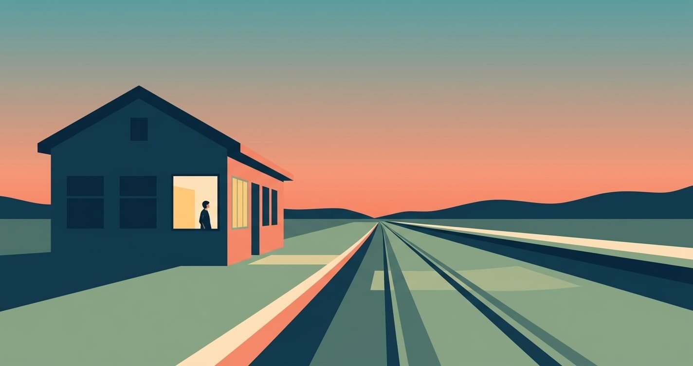 Illustration eines ruhigen ländlichen Bahnsteigs in der Abenddämmerung mit Gleisen, die in die Ferne führen, und einem einzigen warm gelb leuchtenden Wartezimmerfenster, in dem eine kleine Figur sichtbar ist.