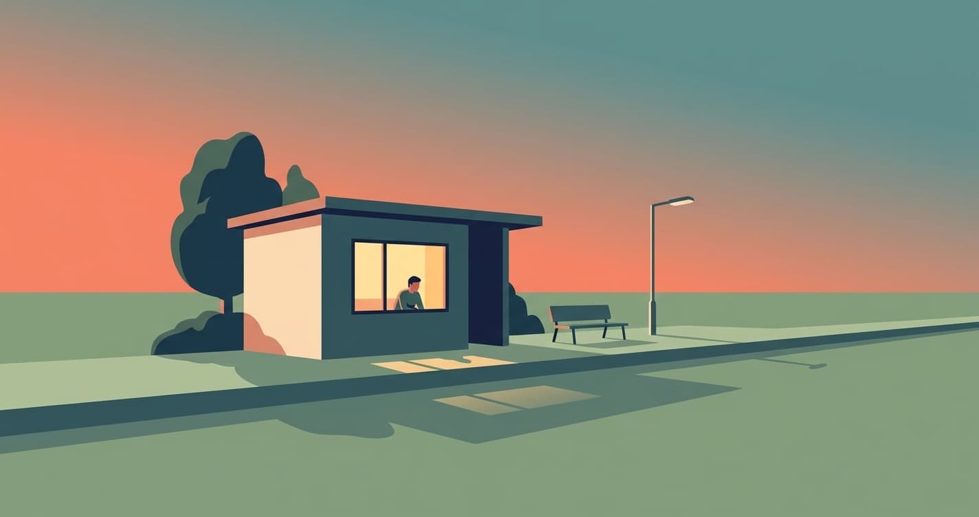 Flat vector illustration of a quiet rural railway platform at dusk, with one warmly lit waiting-room window glowing yellow and the small silhouette of a single seated figure inside, against a coral-to-teal sky over a sage green ground.