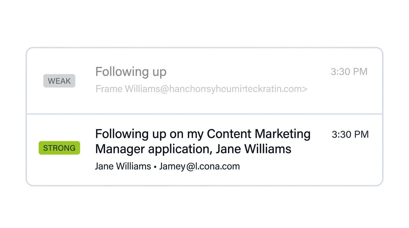 Comparison of two email inbox rows, a faded "Following up" subject labeled weak and a clear "Following up on my Content Marketing Manager application, Jane Williams" subject labeled strong in lime green.