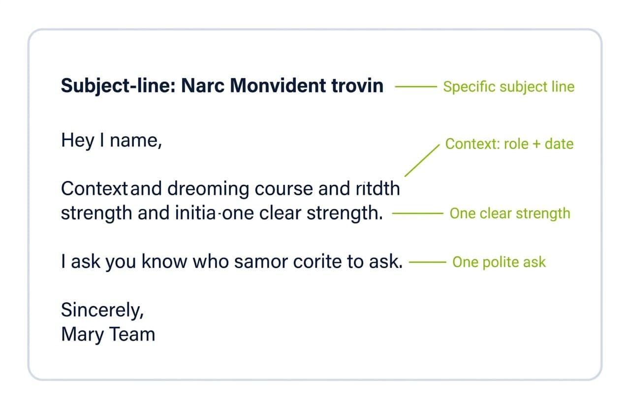 Sample follow-up email annotated with four lime-green labels pointing to its specific subject line, context line naming the role and date, one clear strength, and one polite ask.