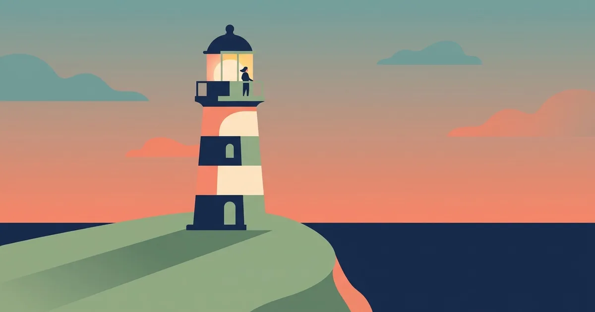 A lighthouse on a sage-green cliff at golden-hour dusk, its lamp room glowing warm yellow with a single small silhouetted figure looking out over a calm sea under a coral-to-teal sky.