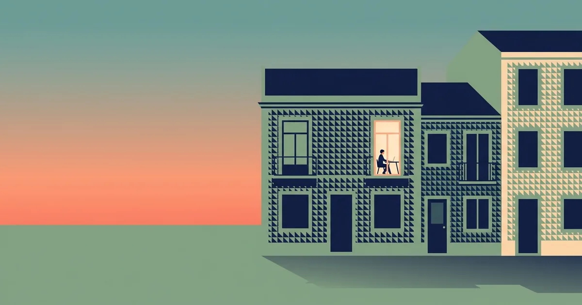 Editorial flat illustration for a guide to administrative assistant resume bullet points: a Lisbon street at dusk with one warmly lit window and a small figure working inside.
