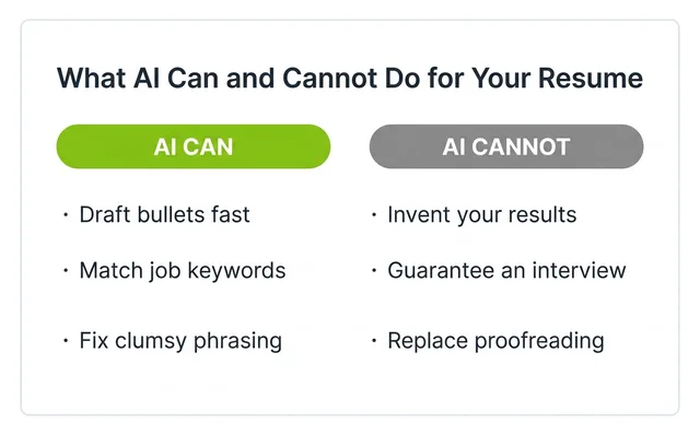 Two-column card: what AI can do for a resume (draft bullets, match keywords, fix phrasing) and cannot do (invent results, guarantee an interview, replace proofreading).