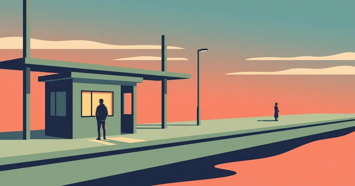 Flat illustration of a small railway platform at dusk, with one warmly lit waiting room window and a figure standing inside it, under a coral and teal sky.
