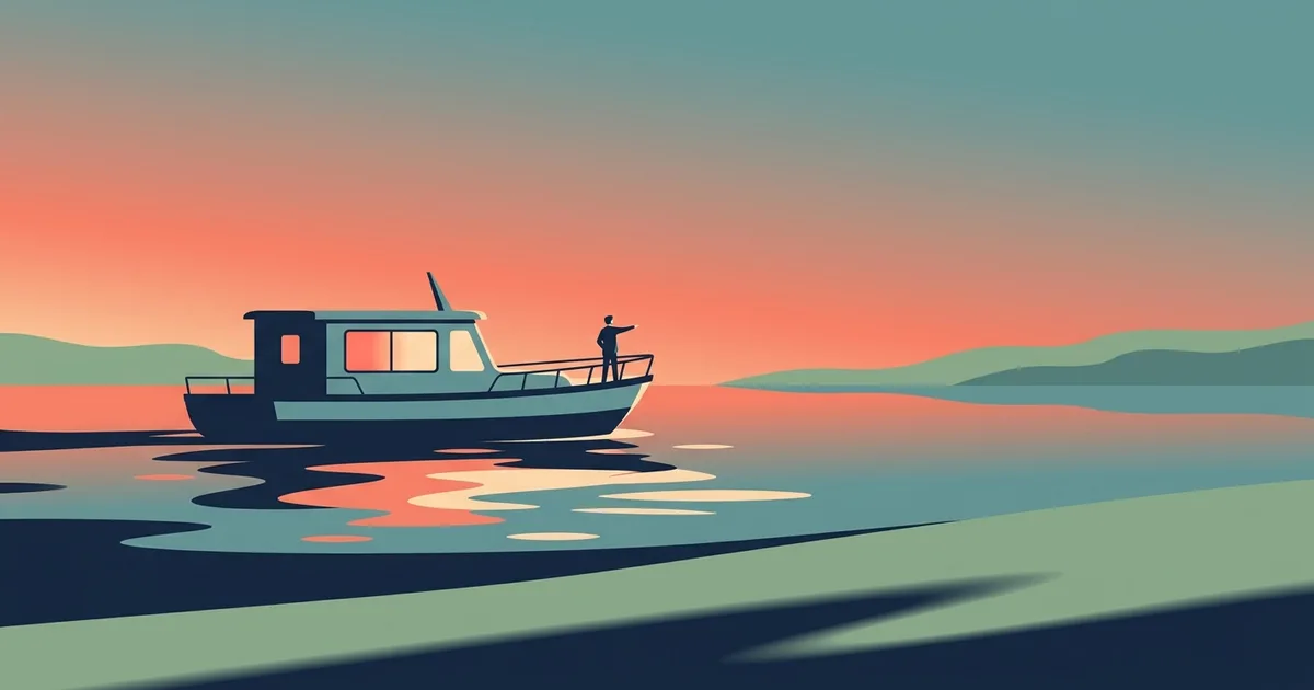 Illustration eines Flussboots in der Abenddaemmerung mit warm leuchtender Kabine und einer Person an Deck