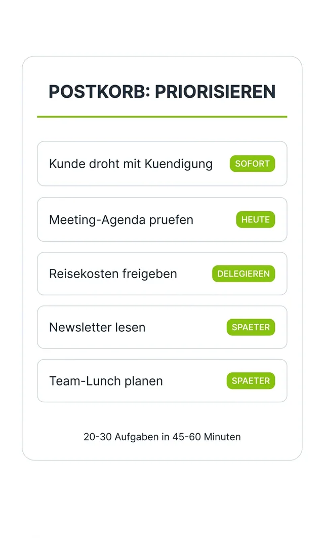 Mockup of a Postkorb in-tray exercise showing five email tasks with priority tags SOFORT, HEUTE, DELEGIEREN and SPAETER, and a note that 20 to 30 tasks must be handled in 45 to 60 minutes