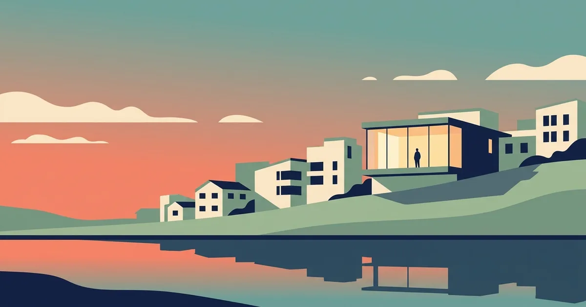 Editorial flat vector illustration of a simplified Swiss alpine town at warm dusk beside a still lake, with one warmly lit window and a single small silhouetted figure standing calmly inside