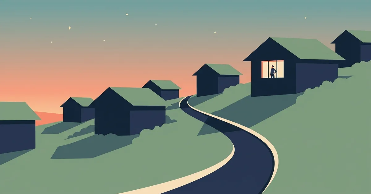 Flache Vektorillustration eines Alpendorfs in der Abenddaemmerung, ein warm erleuchtetes Fenster mit einer kleinen Figur, ein heller Weg fuehrt daran vorbei zum erleuchteten Haus.