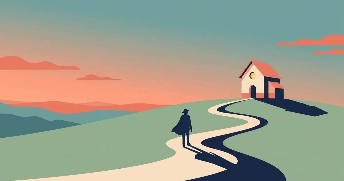 Illustration eines Huegels mit einer kleinen Kapelle in der Abenddaemmerung mit warm leuchtendem Fenster und einem Weg