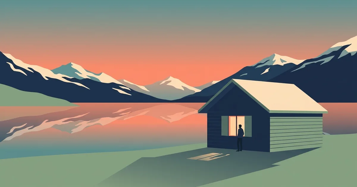 Editorial flat vector illustration of a small wooden chalet with one warmly lit yellow window beside a calm alpine lake at dusk, a single silhouetted figure inside, snow-dusted peaks reflected in the water.
