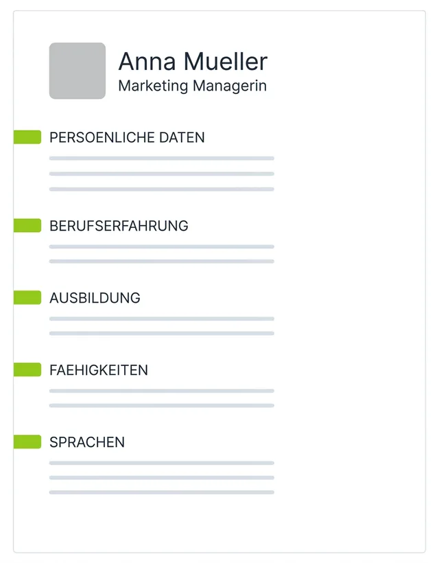 Mockup of a Swiss CV (Lebenslauf) with a photo placeholder, name Anna Mueller, and section headings PERSOENLICHE DATEN, BERUFSERFAHRUNG, AUSBILDUNG, FAEHIGKEITEN, SPRACHEN.