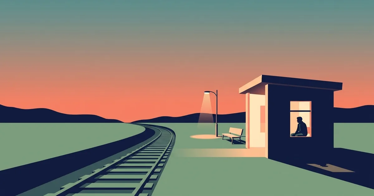 Flache Illustration eines Bahnsteigs in der Abenddaemmerung mit einem einzigen warm erleuchteten Wartehaeuschen, in dem eine kleine Silhouette sitzt.