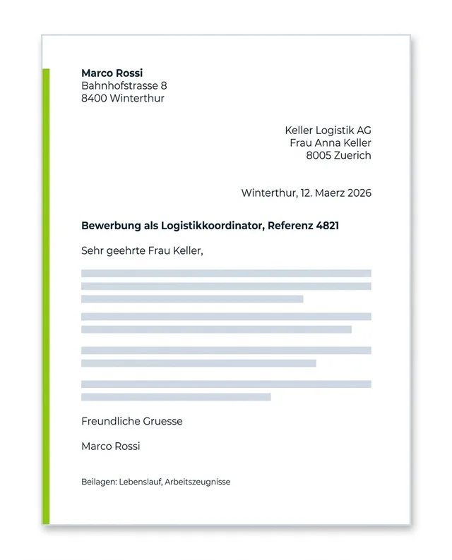 Muster eines einseitigen Schweizer Bewerbungsschreibens mit Briefkopf, Betreffzeile, Anrede, Grussformel und Beilagen.