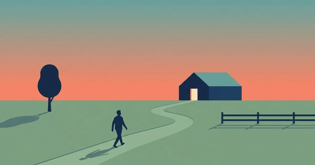 Flat illustration of a lone figure at dusk walking a path toward a building with one warmly lit doorway, the first step of a Bundeswehr Bewerbung.