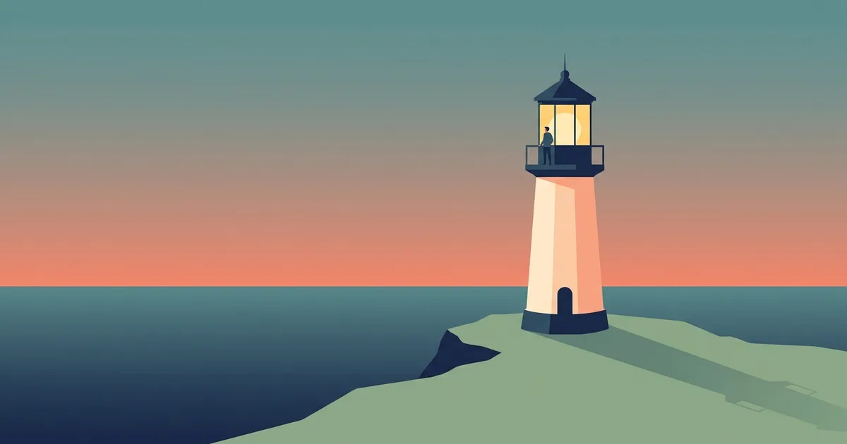 Flat vector illustration of a lone lighthouse on a sage green headland at dusk, its lamp room glowing warm yellow with a small silhouetted figure inside, above an empty coral and teal sea.
