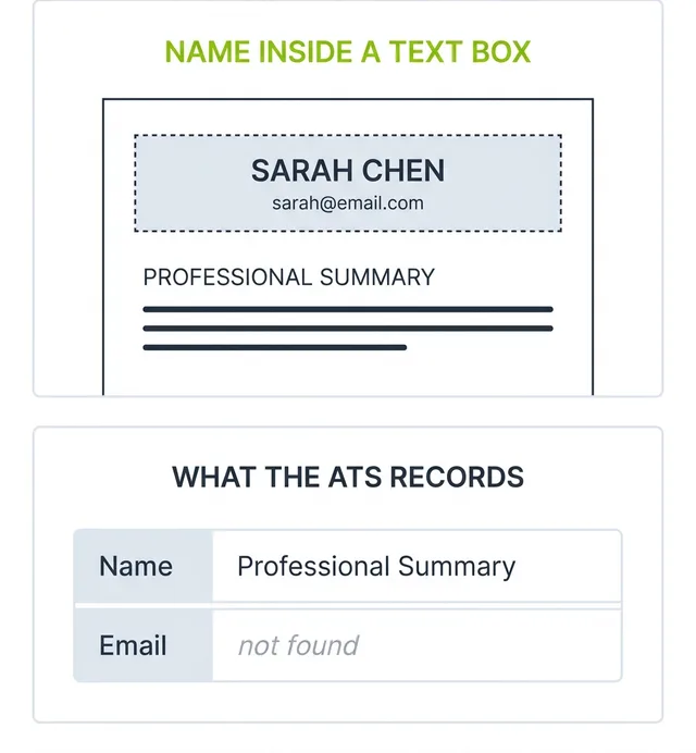 Diagram showing a resume with the name Sarah Chen inside a dashed text box, and below it the record an applicant tracking system stores, with the name field reading Professional Summary and the email field reading not found.