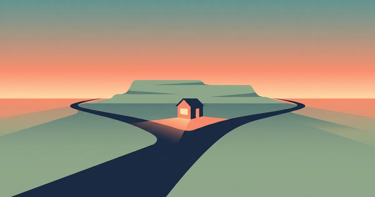 Flat editorial illustration of a desert highway at dusk forking into two roads around a mesa, a single roadside cabin glowing warm yellow at the fork, symbolizing the choice between two documents