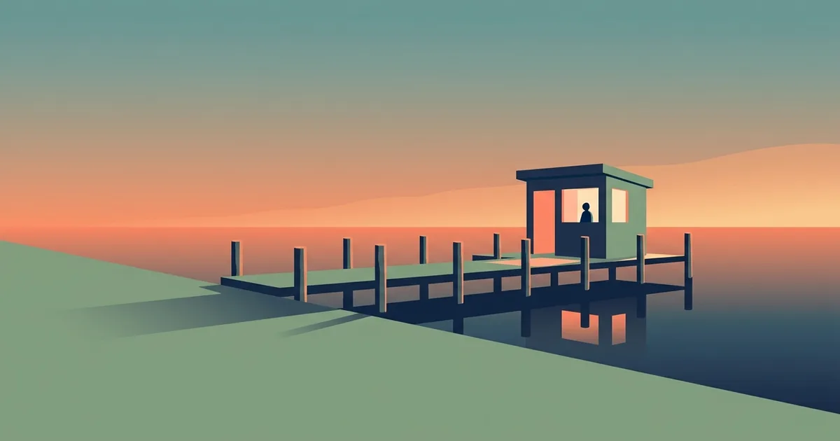 Flat editorial illustration of a ferry dock at dusk with one warmly lit ticket booth glowing yellow and a small figure inside, symbolizing trusted people ready to vouch for you at the final step