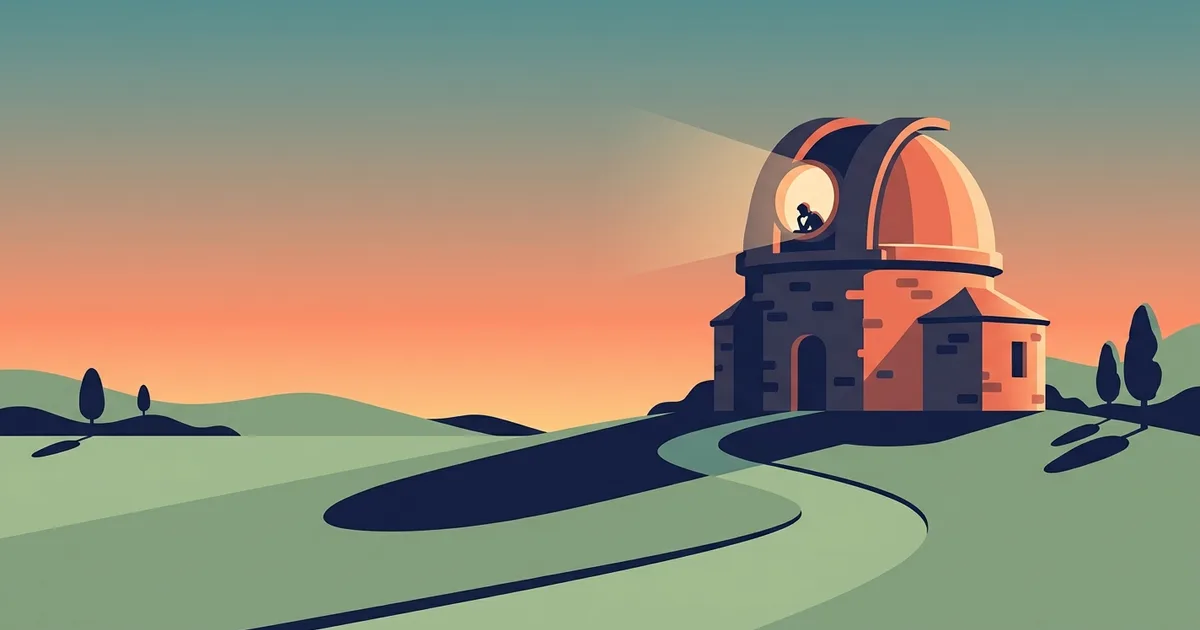 Flat editorial illustration of a small domed observatory on a grassy hill at golden hour, one round window glowing warm yellow with a figure studying inside, symbolizing a scholarly record of a life's work