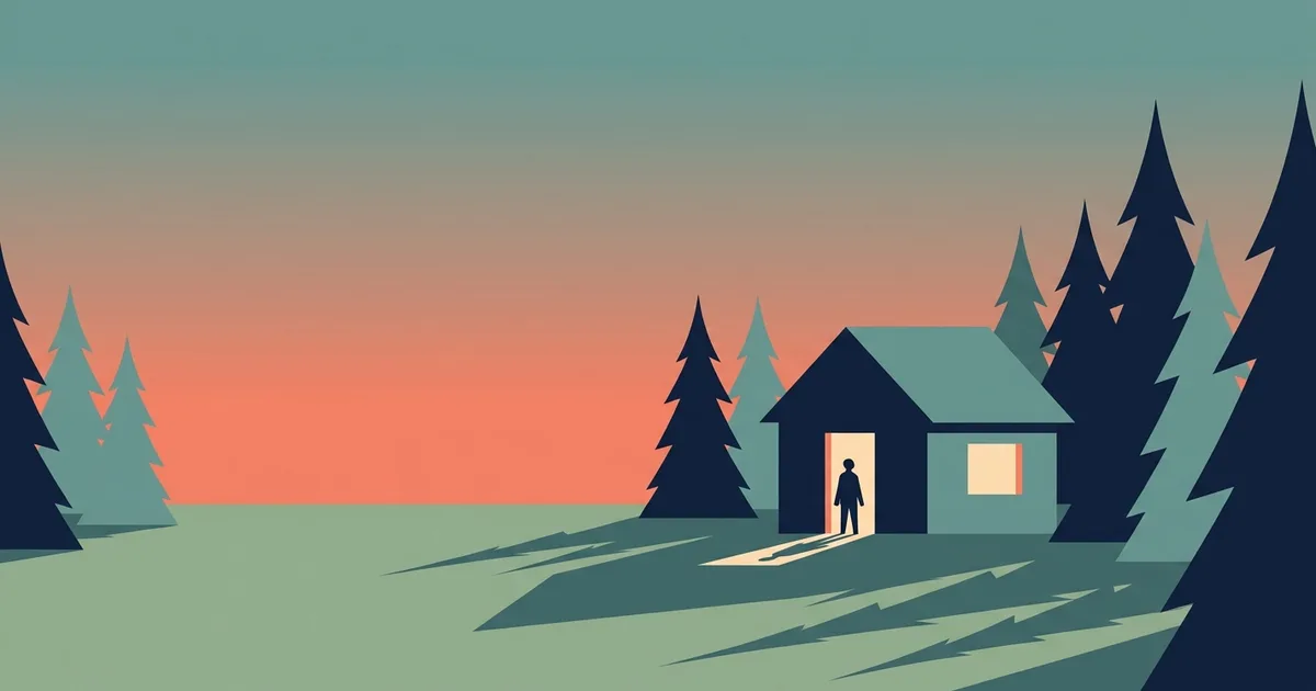 Flat editorial illustration of a lone lit cabin in a forest clearing at dusk, one warm yellow window glowing while the surrounding trees fall into shadow, symbolizing cutting the clutter down to one clear signal