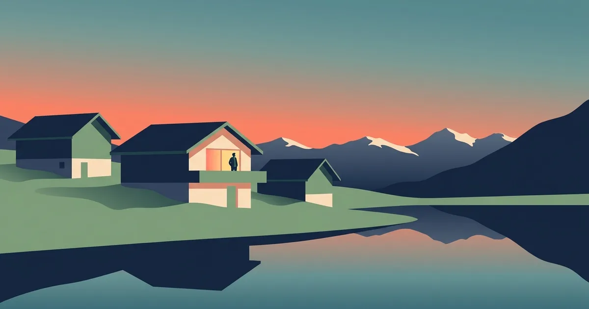 Flache Vektorillustration eines Schweizer Bergdorfs in der Abenddämmerung mit einem warm beleuchteten Chaletfenster über einem ruhigen See
