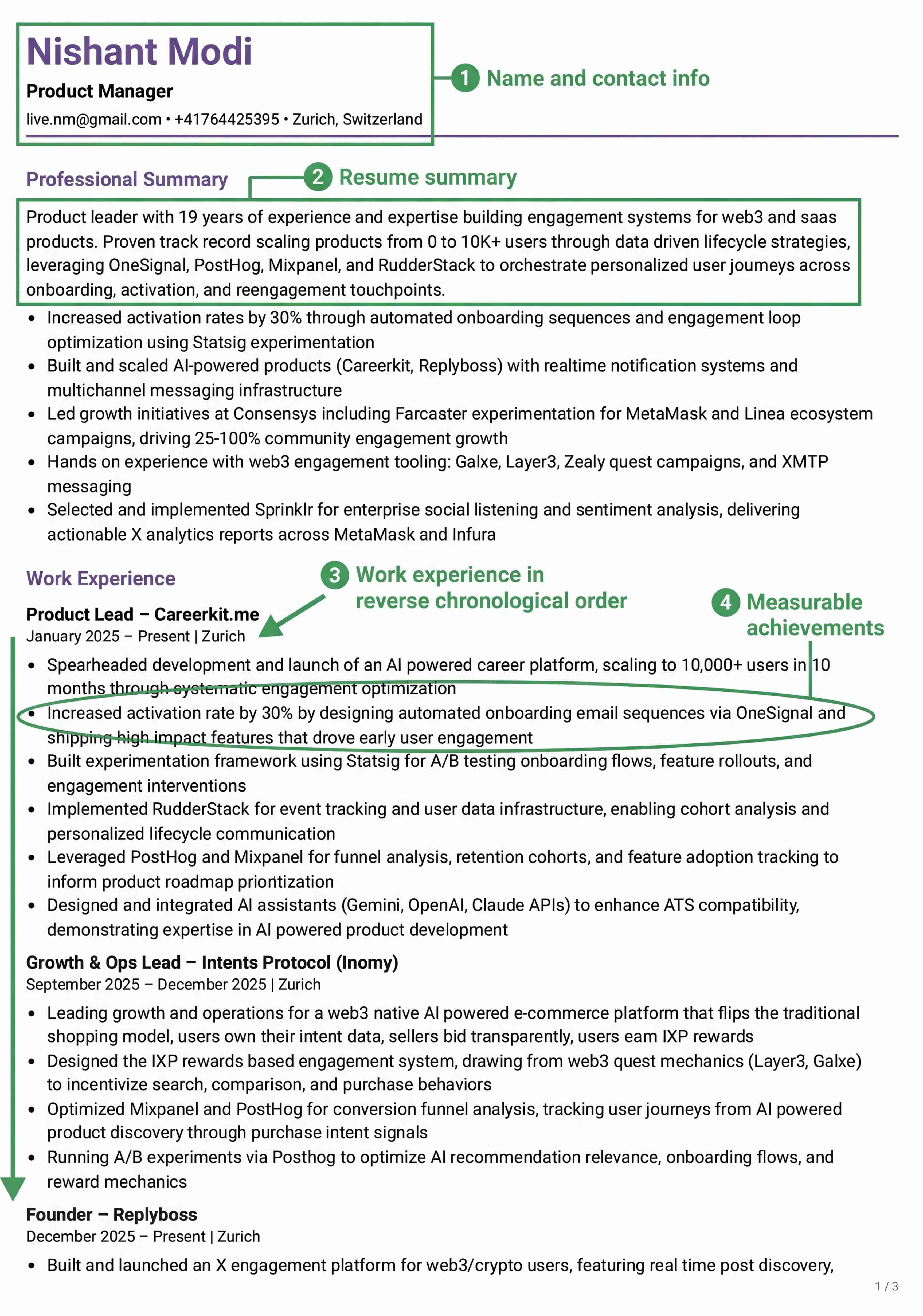 Annotated chronological resume example showing reverse order work experience, professional summary, and measurable achievements