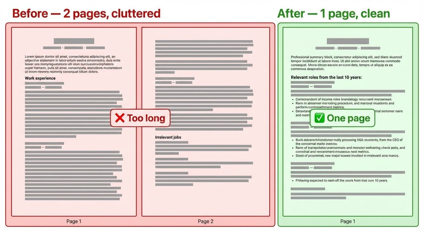 Before and after comparison showing a cluttered two page resume condensed into a clean focused one page resume