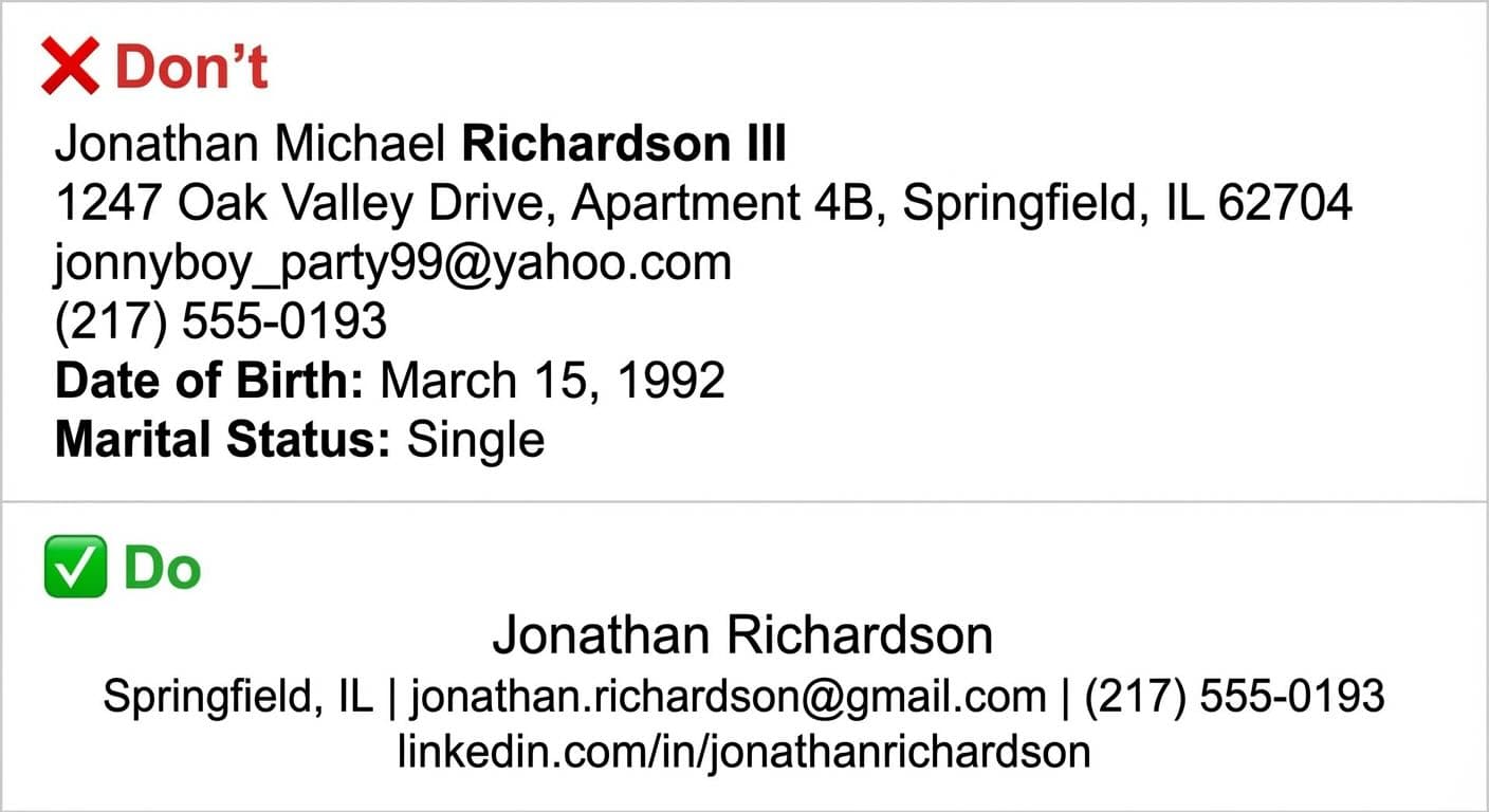 Comparison of a bad resume contact section with full address unprofessional email and personal details versus a clean professional contact section with only essential information